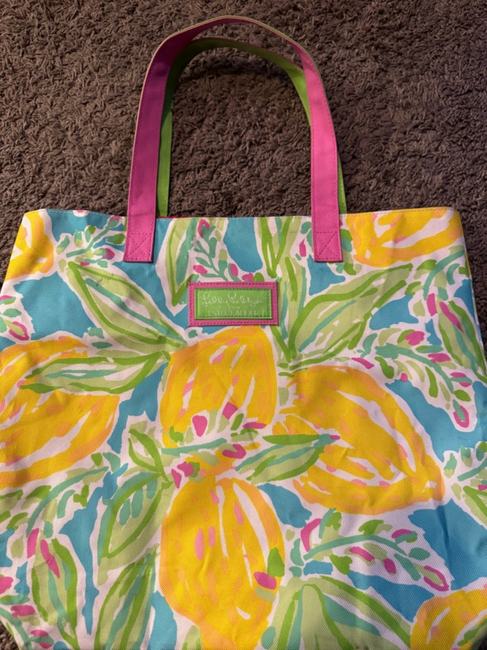 Lilly Pulitzer Yellow Lemon ESTEE LAUDER Canvas Tote with Pink Handles